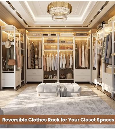 78.7'' Clothes Rack for Hanging Clothes - Reversible Clothing Rack with 2 Drawers, Heavy Duty Garment Racks with Shelves, 6 Tiers Freestanding Portable Closet Wardrobe System with Hanging Hooks, White - Image 2