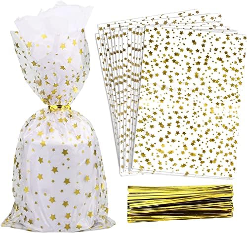 COQOFA 200 Pcs Star Printed 6"X10" Gift Wrap Cello Cellophane Treat Bags Party Favor bags Clear Candy Cookie Bags Plastic Poly Goodie Storage Bags with Twist Ties for Bakery,Birthday, Wedding ,Party Decorations (Gold) by COQOFA