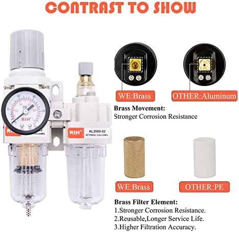 RIH 1/4" NPT Compressed Air Filter Regulator Lubricator Combo Water/Oil Trap Separator - Gauge(0-150 psi), Semi-Auto Drain, Poly Bowl,Bracket - 3 in 1 Two Unit (1/4" NPT) - Image 4