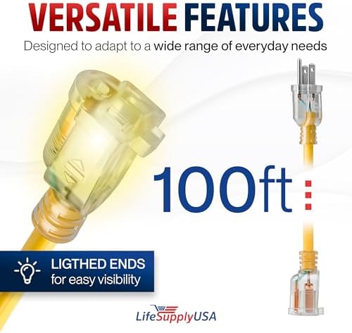 100ft Outdoor/Indoor Extension Cord 12/3 Gauge Extra Heavy Duty 3 Prong SJTW, Waterproof, Flexible Cold-Resistant Long Power Cord,15A 125V 1875W, Yellow by LifeSupplyUSA - Image 6