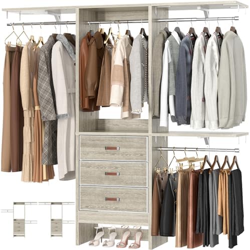 Armocity 5FT Small Closet System with 3 Fabric Drawers, 60'' Walk In Closet Organizer System With 3 Adjustable Shelves, Heavy Duty Clothes Rack Built-In Garment Rack, 59" L x 16" W x 71"H, White Oak by Armocity