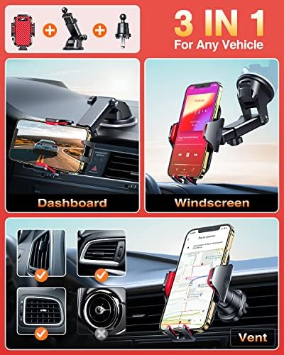 VANMASS Car Phone Holder Ultimate Military-Grade Strongest Suction & Clip Windshield Dash Best Strongest Cell Phone Automotive Dash Gauge Accents for iPhone 18 Pro Max 17 16 15 14 Red - Image 4