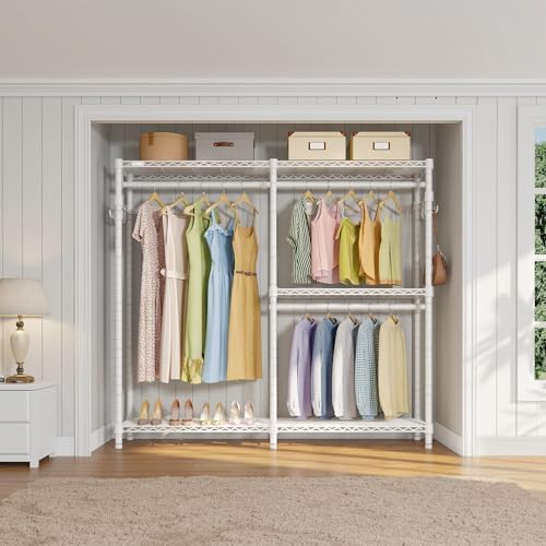 VIPEK V4C Heavy Duty Adjustable Clothing Rack, White Metal Closet Rack with Grey Cover, 57.9" L x 17.3" W x 76.4" H, 3 Hanging Rods & Side Hooks, Portable Closet - Image 3