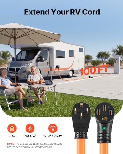 VEVOR 50 Amp 100 Feet RV Extension Cord, 125V/250V, Heavy Duty 6/3 + 8/1 Gauge STW RV Power Cord, NEMA 14-50P to NEMA 14-50R, with Power Indicator, Cord Organizer, 15A Adapter, for Camper Trailer - Image 2