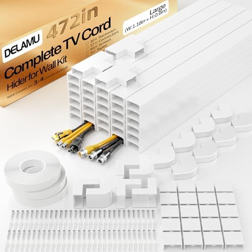 Delamu TV Cord Hider Wall, 472in Cable Hider, Large Cord Covers for 3-4 Wires on Wall, Paintable Cable Raceway to Hide Wires on Wall with 30 Raceways & 37 Accessories, 1.18in W x 0.67in H, White by DELAMU