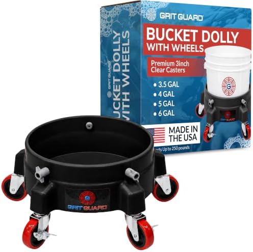 Grit Guard Bucket Dolly with Wheels - Rolling Detailing Wash Bucket with 5 Wheels and 2 Locking Casters Compatible with 2.5, 4, 5 and 6 Gallon Buckets (Black, 3" Red Casters) - Made in the USA by GritGuardInc