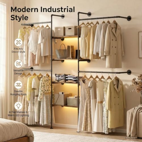 Industrial Pipe Clothing Rack with LED & Shelves - Image 6