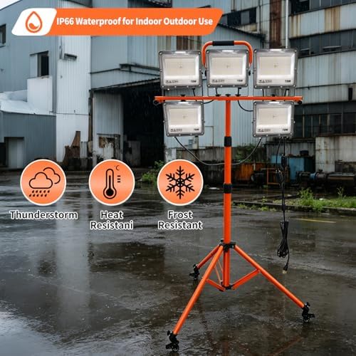 Upgrade 35000 LM Work Lights with Stand, 5 Head Portable LED Work Light with Adjustable Tripod Stand and Wheels, IP66 Waterproof, Worklight for Indoor Garage Job Site Workshop Construction Site - Image 6