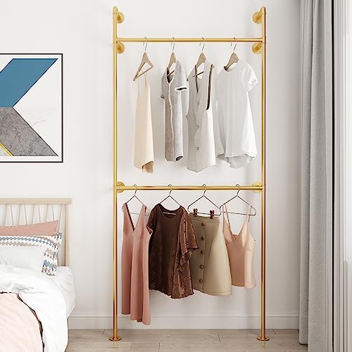 ORSENIGO Industrial Pipe Clothing Rack, Heavy Duty Metal Clothes Rack with Double Rods for Hanging Clothes, Wall Mount Space-Saving Garment Display Rack by ORSENIGO