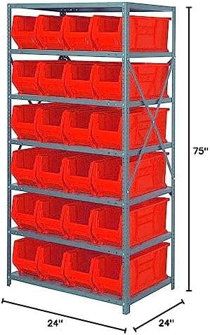 Quantum 2475-951RD Heavy Duty Shelving Unit with (8) Shelves and (24) QUS951 Red Bins for Industrial Warehouse Storage Distribution | 400 lbs Capacity | 24"D x 36"L x 75"H, Galvanized Carbon Steel - Image 2
