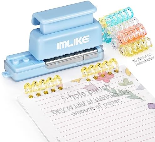 Mini 5-Hole Binding Machine - IMLIKE 5 Holes Binding Machine with 16 Loose-Leaf Binding Strips - Easy to Add or Remove Papers, 4 Sheets Capacity (A4/30 Holes, B5/26 Holes, A5/20 Holes) - Blue by IMLIKE