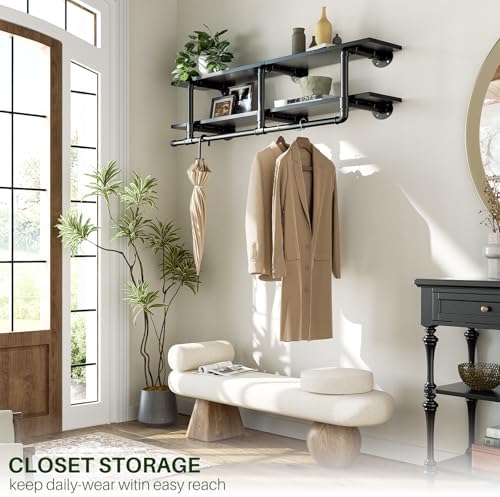 Aheaplus Industrial Pipe Clothing Rack, Wall Mounted Closet Shelf with Rod - Image 6
