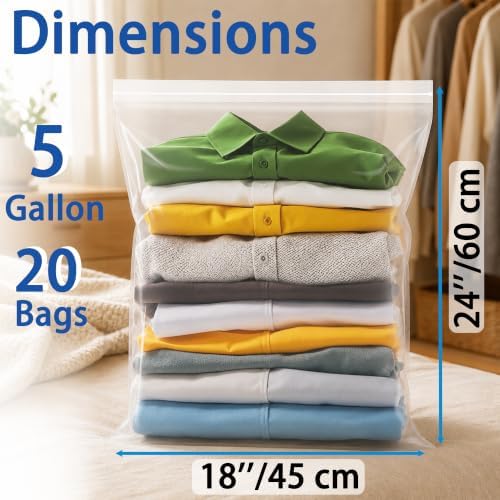 Extra Large 5 Gallon Zippered Plastic Bags for Storage- 18'' x 24'', Ideal for Clothes Clothing, Travel, Moving, 2-mil Thick Clear Plastic, 20 pack - Image 2