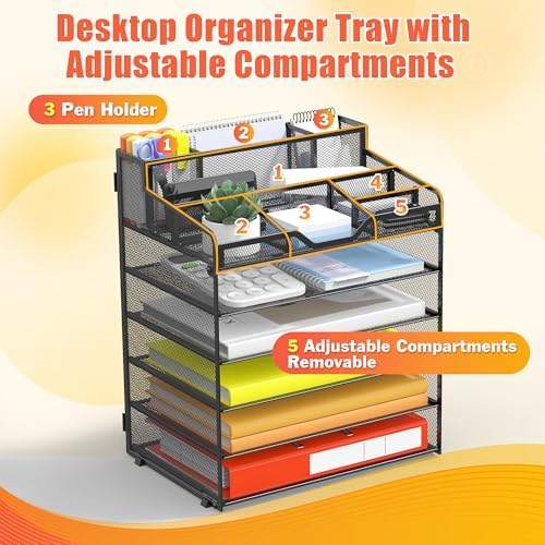 Docnest 6 Tier Mesh Desk Organizer with Letter Tray & Paper Sorter, Black - Image 4
