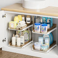 Delamu 2-Tier Multi-Purpose Bathroom Under Sink Organizers and Storage, Stackable Kitchen Pantry Organization, Pull Out Medicine Cabinet Organizer with Movable Dividers, Amber, 2 Pack by DELAMU