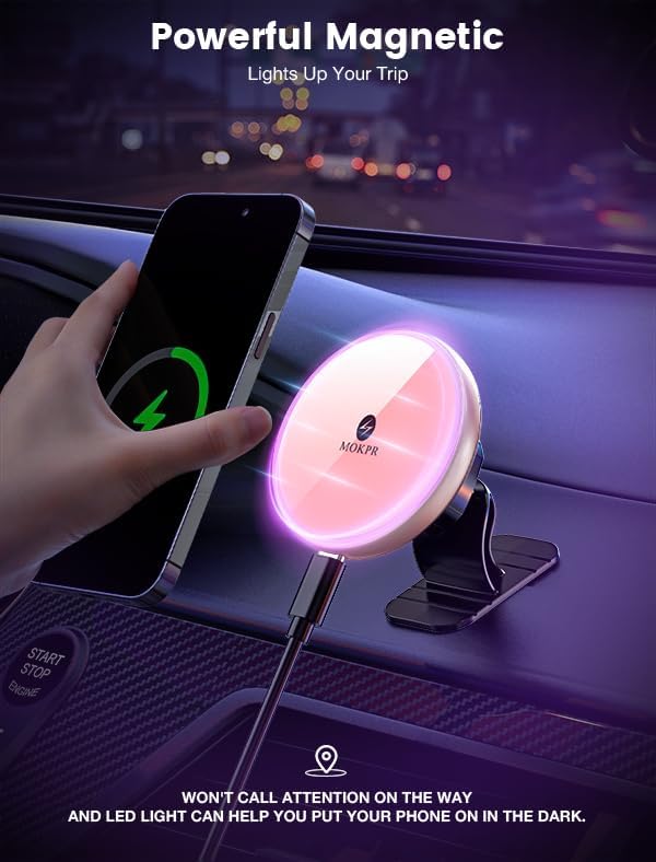 for Magsafe Car Mount Charger 15W LED RGB Car Phone Holder for Dash Vent - Image 5