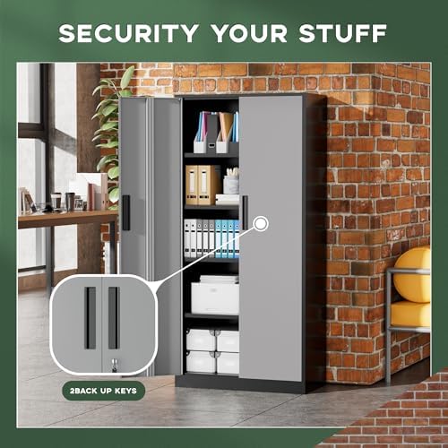 Greenvelly Metal Garage Storage Cabinet, 72" Black Gray Tool Steel Locking Cabinet with Doors and 4 Shelves, Tall Cabinets for Garage Storage Systems Lockable File Cabinet for Home Office,Garage - Image 4