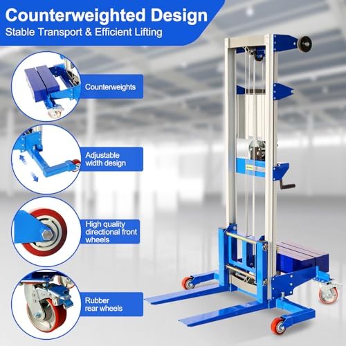 Material Lift Winch Stacker, 400 lbs Capacity, 122" Lift Height, Counterbalance Straddle Hand Winch Lift Truck, Material Lifts for Warehouse, Factory, Library, 46"L x 43"W - Image 6