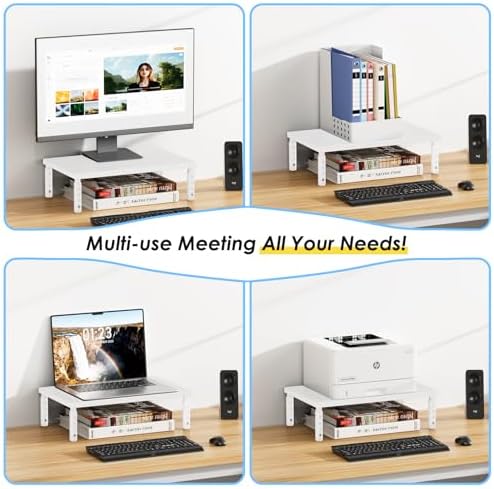 ECOLOVI Adjustable Wood Computer Monitor Stand Riser, Office Desk Organizer and Accessories for Monitor, Laptop, PC, Printer, Office Desk Accessories Workspace Organizer for Home Office Supplies, White - Image 4