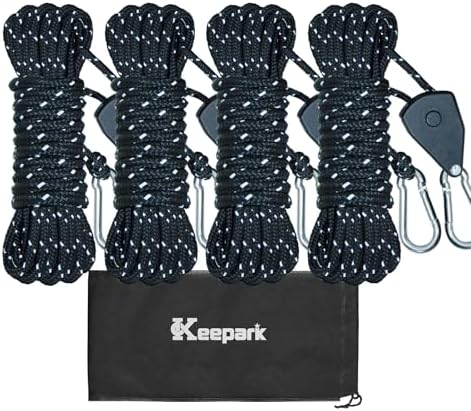 Camping Ropes Guy Line - Tarp Tie Down Ropes with Ratchet System, Pulley & Reinforced Metal Gear - Adjustable Heavy Duty Guy Lines for Canopy Tent, Quick Setup Outdoor Strap-4Pack - 6Pack by Keepark