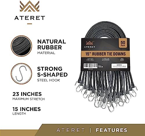 ATERET Rubber Bungee Cords with Hooks I 15 Inch, 23" Max Stretch I Heavy-Duty Black Tie Down Straps for Outdoor, Tarp Covers, Canvas Canopies, Motorcycle, and Cargo, Pack of 50 - Image 2
