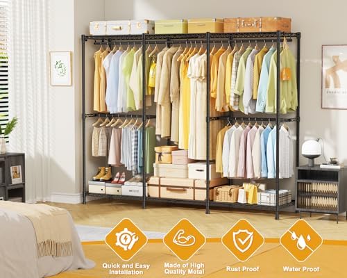 ULIFHOME E14 Pro Heavy Duty Clothes Rack，Freestanding Clothing Racks for Hanging Clothes，Adjustable Closet Organizers and Storage，Metal Garment Rack with Shelves 69"W x16"D x77"H，Max Load 960LBS，Black - Image 4