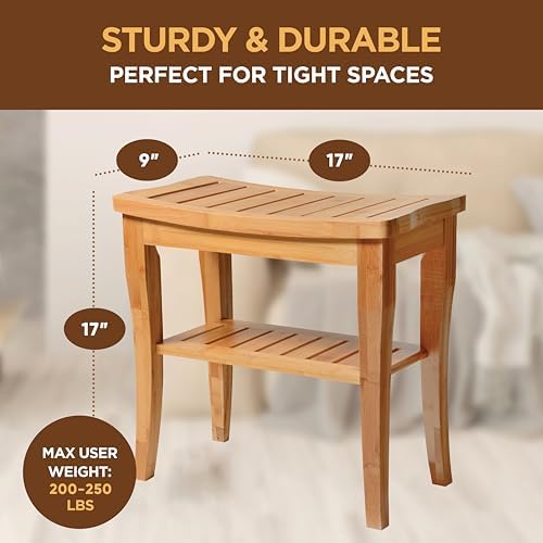 Bamboo Shower Bench, Shower Stool Seat with Storage Shelf, Non Slip Feet - Image 3