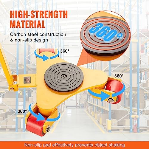 VEVOR Machinery Skate Dolly, 6614 LBS/3T Industrial Machinery Mover with Handle, Carbon Steel Machinery Moving Skate with 3 360° Swivel PU Wheels, 360° Rotation Non-Slip Cap for Warehouse, Workshop - Image 3