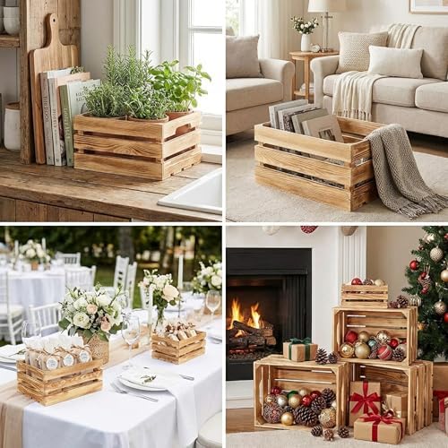 Set of 6 Decorative Wood Crates for Display, 6 Size Farmhouse Wooden Baskets Rustic Nesting Crates Decor Boxes with Handle for Storage, Container, Display, Christmas Decorations - Image 7