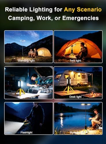 15000mAh Rechargeable Telescopic Camping Light, Portable Flashlight & Lantern with Reinforced Tripod Base, Height Adjustable Dimmable Tent Light, Power Bank for Outdoor BBQ, Hiking, Job Site, Yellow - Image 7