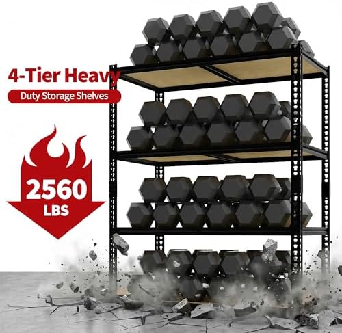 48" W Garage Storage Shelves, 4 Tier Adjustable Shelving Unit, 2560 Lbs Heavy Duty Garage Shelf Rack for Kitchen, Pantry, Basement, Bathroom & Laundry, 48" W x 24" D x 60" H, Black - Image 6