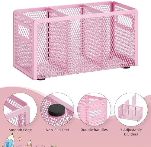 Marbrasse Mesh Pen Holder for Desk, Pencil Holder Desk Organizer 3 Adjustable Compartments, Pencil Cup with Handle Perfect for Classroom, Office, Home, Makeup, Art (Pink) - Image 4