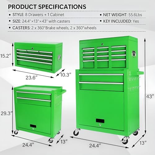 Dawmilon Tool Chest, 8-Drawer Rolling Tool Storage Cabinet with Wheels, Detachable Top Tool Box, and Locking Mechanism, Metal Barber Tool Cart with Liner and 6 Hooks for Garage, Workshop, Green - Image 3