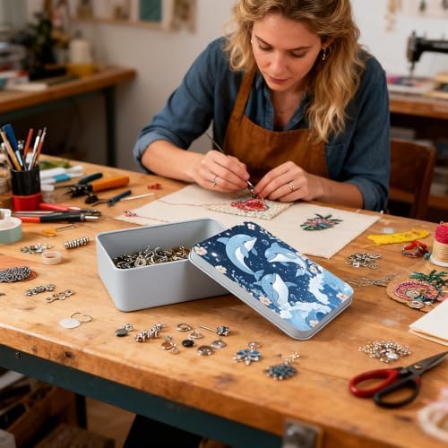 Small Metal Tins Box-4.7" x3.5"x1.6" Rectangular Empty Storage Box With Lid Decorative Organizer Storage Tin Case For Office/Cookie/Candy/Jewelry/Photo/Letter-Floral Dolphin - Image 6