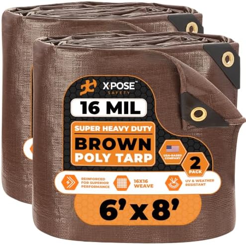 Xpose Safety Super Heavy-Duty 6' x 8' Brown Poly Tarp (2-Pack) - 16 Mil Waterproof & UV Resistant, Rip-Proof with Reinforced Edges & Grommets by XposeSafety