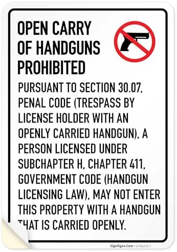 No Open Carry of Handgun Prohibited Texas §3007 Sign, by SigoSigns