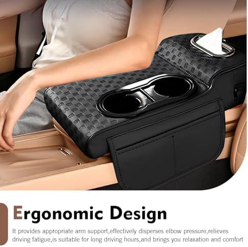 Car Center Console Leather Armrest Increase Cushion, MultiFunctional Armrest Box Pad with Dual Cup Holder, Tissue Box, Side Card Holder, Universal for Most Cars, SUVs, Trucks (Black) - Image 7