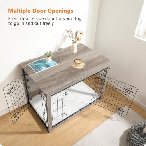 DWANTON Dog Crate Furniture with Cushion, Wooden Kennel Table with Double Doors, Indoor Dog House, Large Size, 38.5" L, Greige - Image 6