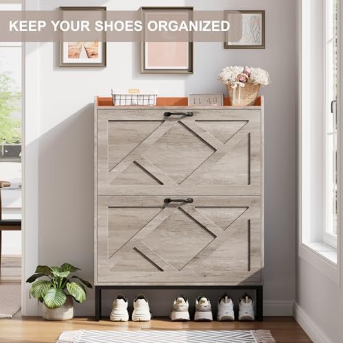Nicetree Shoe Storage Cabinet with 2 Flip Drawers, Freestanding Shoe Organizer, Shoe Cabinet with Metal Legs, Narrow Shoe Rack Cabinet, Farmhouse Slim Shoe Cabinet for Entryway, Hallway, Rustic Gray - Image 4