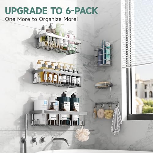 Veken Shower Caddy 6-Pack with Hooks, Bathroom Organizers & Storage, Silver - Image 5