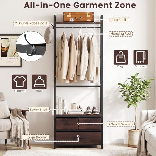 Tangkula Freestanding Small Clothes Rack, Heavy Duty Coat Rack with Drawers, Shelves, Hooks & Hanging Rod, Metal Closet Organizer Garment Rack, Industrial Hall Tree for Entryway, Hallway, Bedroom - Image 6