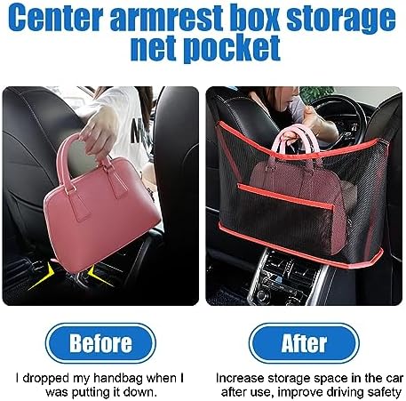 Ziciner Car Net Pocket Handbag Holder, Organizer Mesh Bag Between Two Seat, Driver Storage Netting Pouch for Handbag Purse, Barrier of Backseat Pet Kids, Car Accessories for Women Men (Black&Red) - Image 3