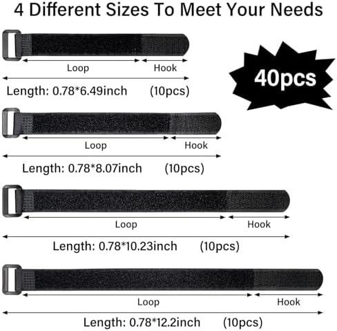 40pcs Reusable Cable Ties - 4 Sizes (6/8/10/12 Inch) - Hook and Loop Cinch Straps for Wire Management - Heavy Duty Cord Organizer & Wire Ties for Electronics, PC, Home & Office - Image 2