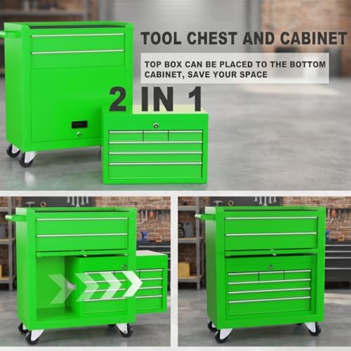 Dawmilon Tool Chest, 8-Drawer Rolling Tool Storage Cabinet with Wheels, Detachable Top Tool Box, and Locking Mechanism, Metal Barber Tool Cart with Liner and 6 Hooks for Garage, Workshop, Green - Image 5