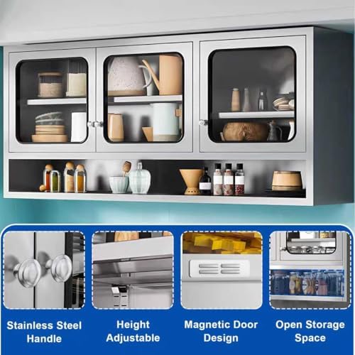ZZV 59” Kitchen Wall Cabinet, Stainless Steel Wall Mounted Cabinet with Adjustable Shelves, Industrial Wall Storage Cabinet for Garage, Warehouse, No Assembly Required, 11.82D x 59.06W x 27.56H in - Image 4