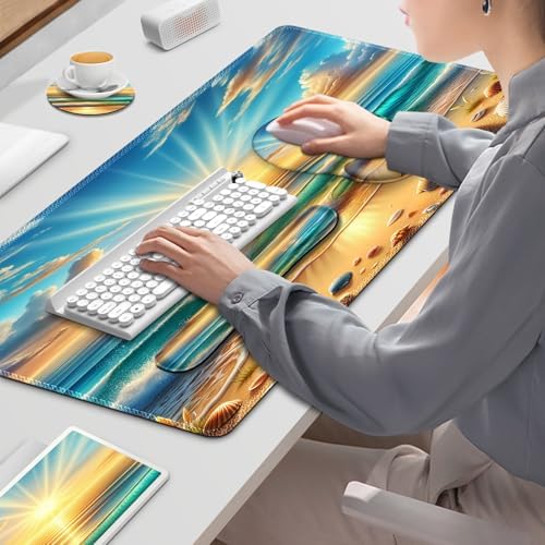 Gaming Mouse Pad, Large Desk Mat, Cute Desk Pad Protector, 4in1 XXL Mousepad + Keyboard Wrist Rest+Mouse Wrist Rest+Coaster Set with Ergonomic Desk Pad for Home Office Computer, Beach Sun Shell - Image 7