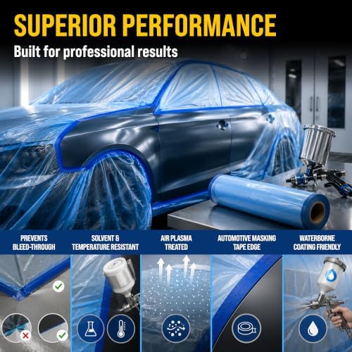 Dura-Gold 22" Wide x 65' Long Roll of Pure Blue Pre-Taped Masking Film, 0.4 Mil Pre-Folded Overspray Paintable Plastic Protective Sheeting, Pull Down Drop Sheet - Auto Painting, Cover Walls Furniture - Image 5