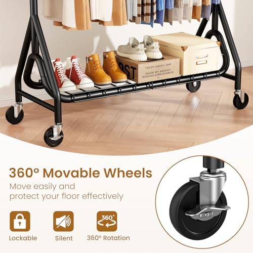 Heavy Duty Clothes Rack for Hanging Clothes, Double Rods Clothing Rack with Lockable Wheels, Rolling Garment Racks with Shelf, Easy to Assemble, Black - Image 6