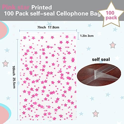 COQOFA 100 Pcs Star Printed Sealable Gift Wrap Cello Cellophane Bags Self sealing Adhensive Treat Bags Party Favor bags (7x10inch, Pink) - Image 2