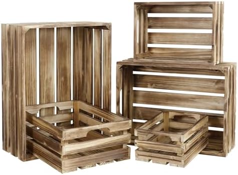 5-Piece Rustic Burnt Brown Wooden Crates Set, Wall Mountable Slatted Storage Crates with Handles, Farmhouse Wooden Crates for Display & Organizer for Home Decor by MACVAD